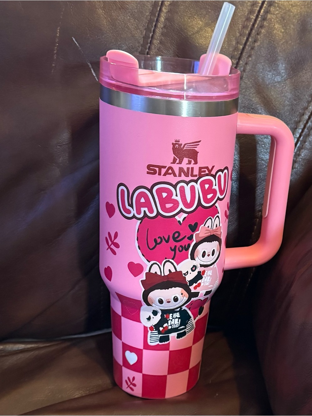 Stanley 40 Oz Pink Quencher Tumbler Labubu Custom Design With Straw